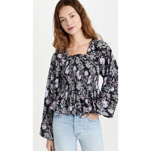 Mille Circe Smocked Puff Sleeve Top Tropical Night Black Floral Cotton Peplum